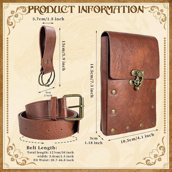 Medieval Leather Waist Belt Pouch Set with Metal Rings for Cosplay LARP - Picture 5 of 6